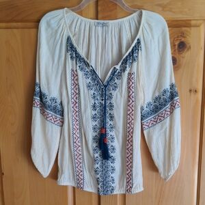 Lucky Brand Cream wth Blue and Red Embroidered Blouse